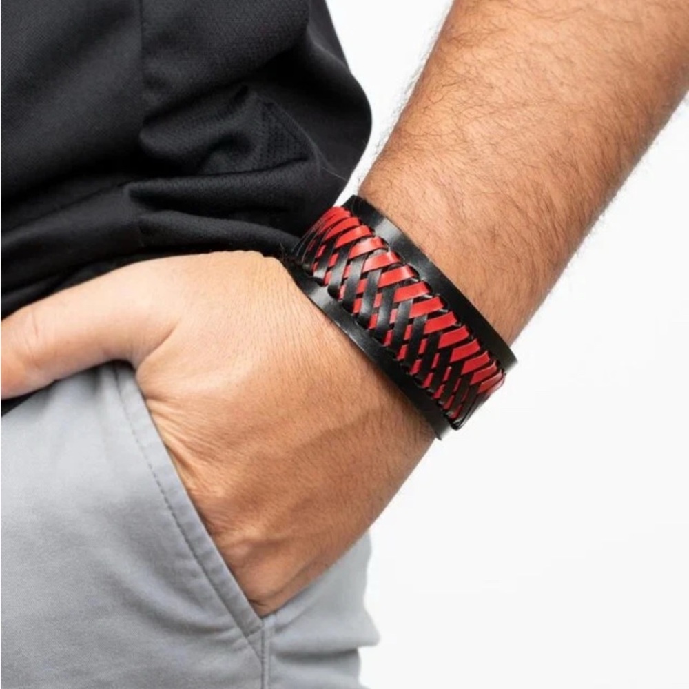 Paparazzi-​Punk Rocker Road Red  Leather Urban Bracelet